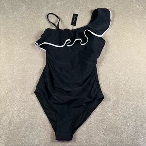 Tempt Me One Piece Swim Suit One Shoulder Ruffle Black White NEW women's Large